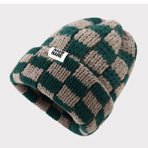 Nabe Nara Green Cream Checkered Beanie Knit Cuffed Hat New Without Tags